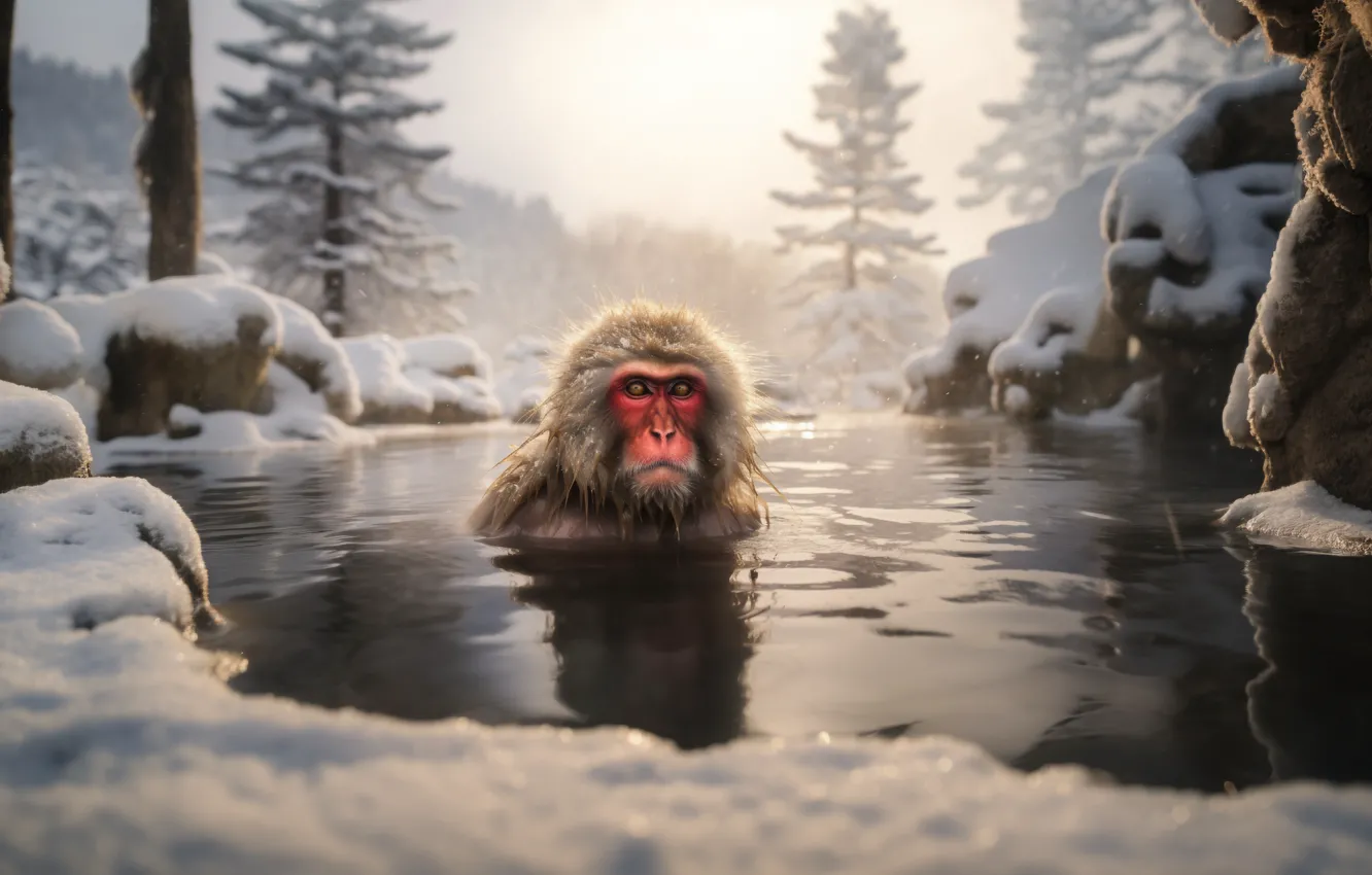 Photo wallpaper winter, snow, bathing, monkey, pond, Japanese macaques, AI art, neural network
