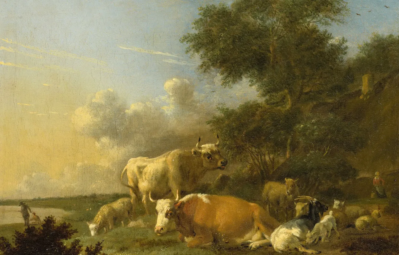 Photo wallpaper oil, picture, canvas, Landscape with Cattle, 1688, Albert Klomp, Albert Klomp