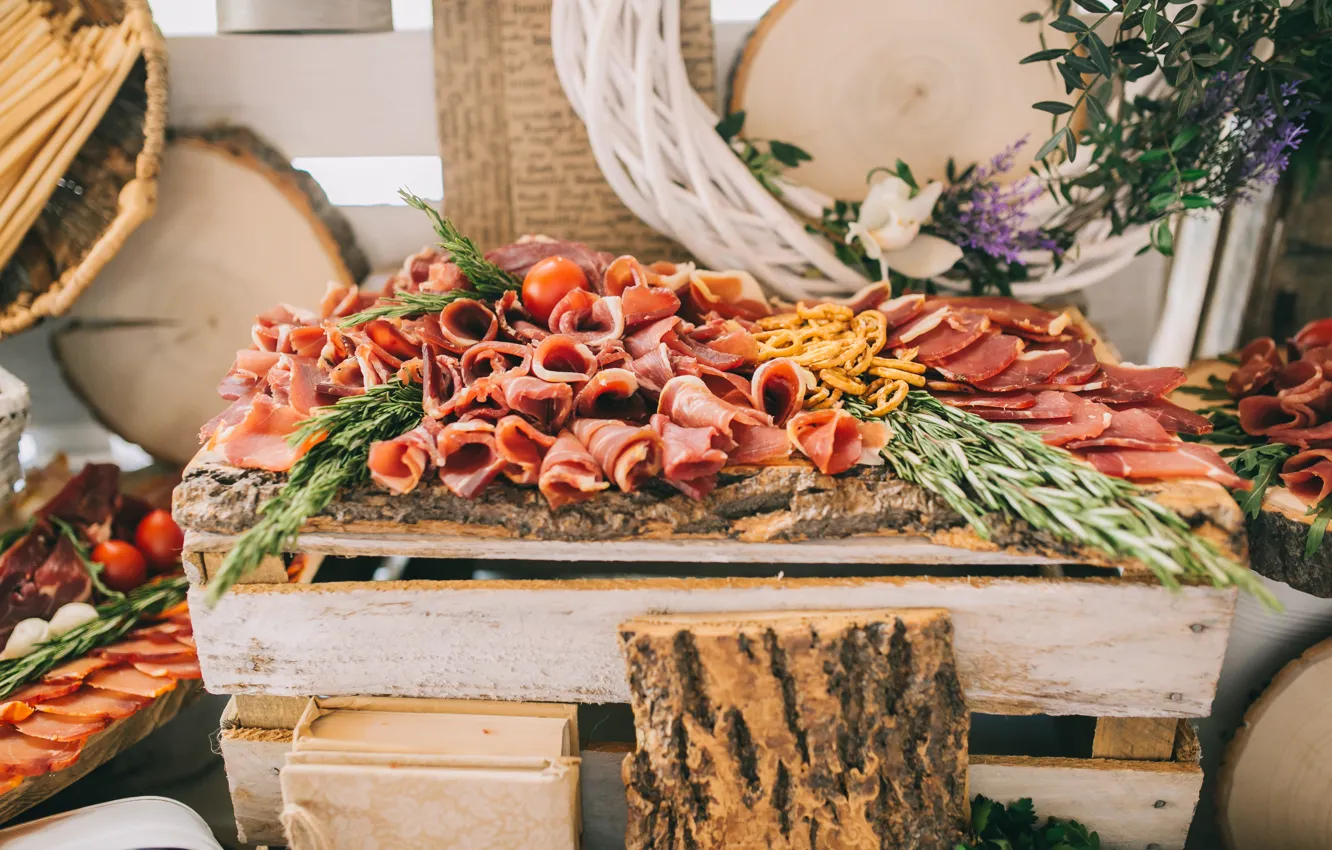 Photo wallpaper table, cuts, meats