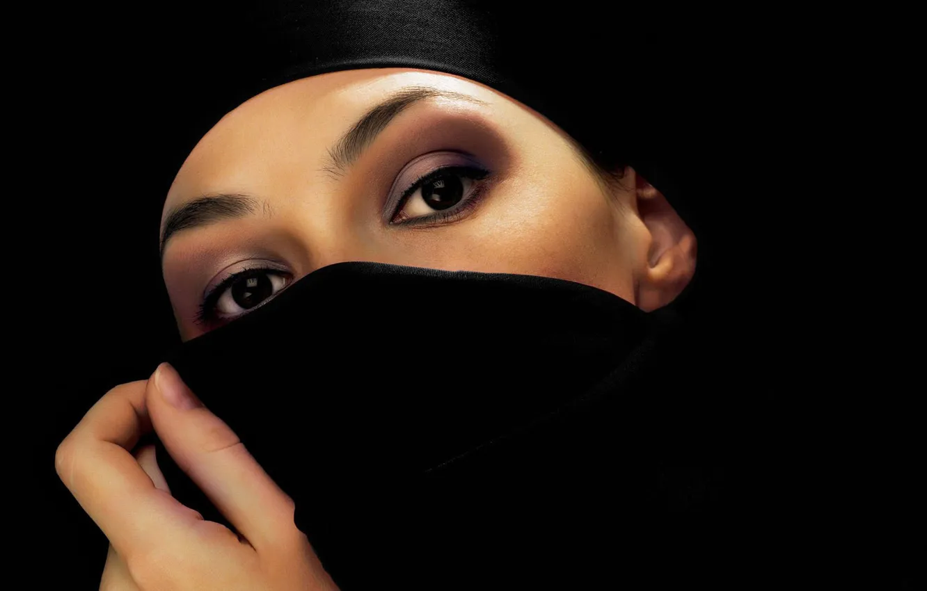 Photo wallpaper eyes, girl, shawl, black background