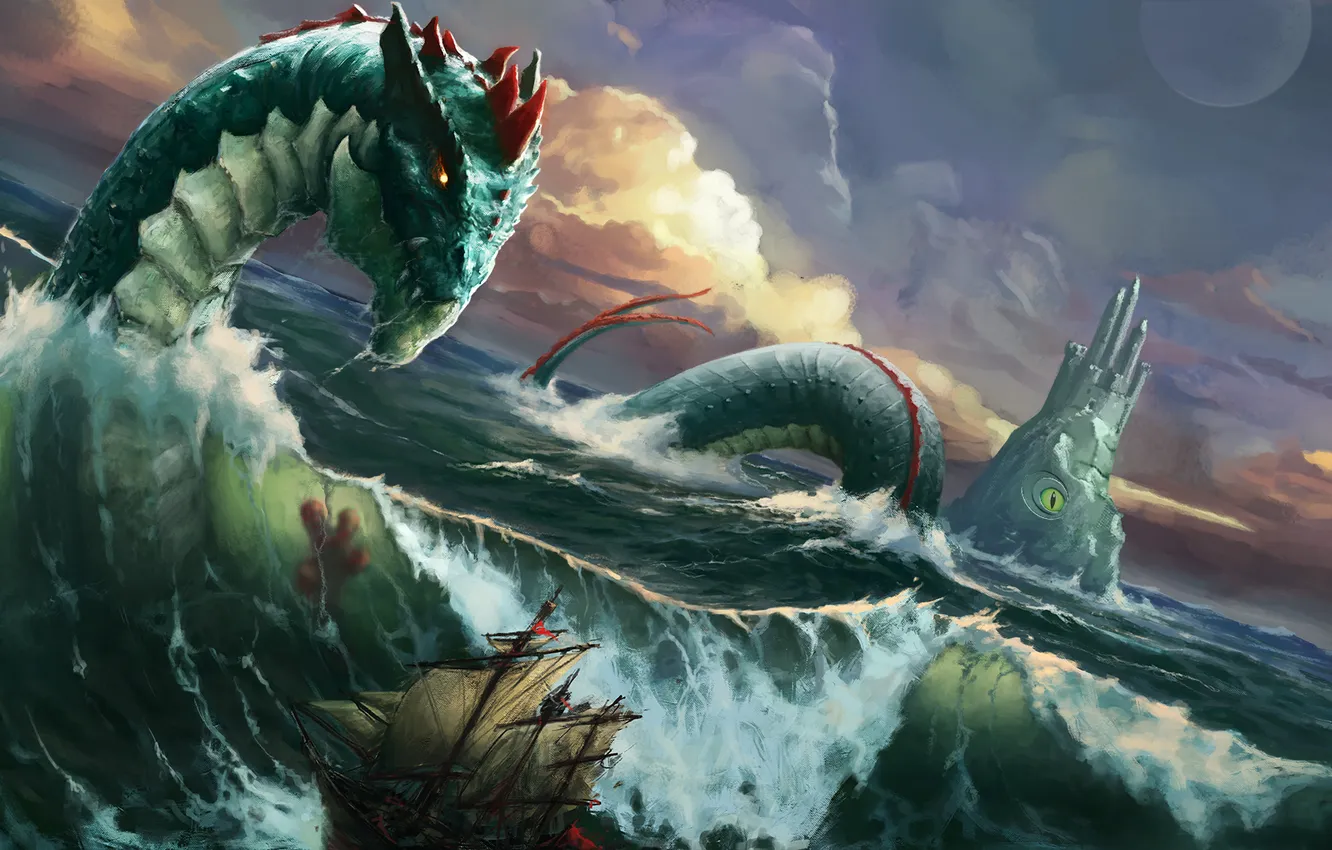 Photo wallpaper sea, wave, storm, ship, monster, monster, sea snakes, Okan