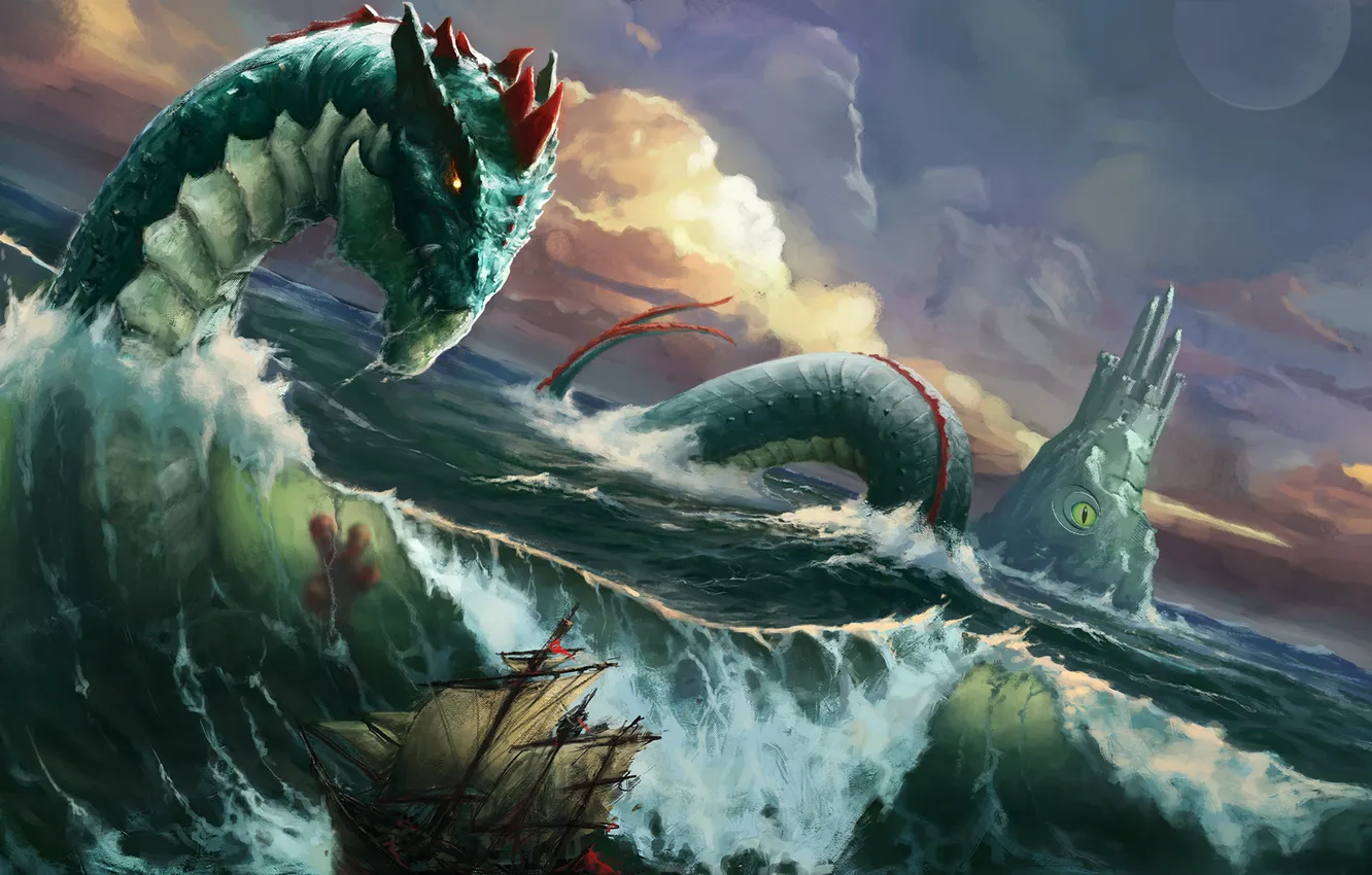 Photo wallpaper sea, wave, storm, ship, monster, monster, Okan, Sea snakes