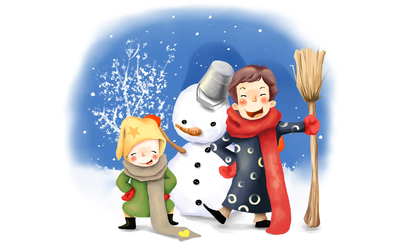 Photo wallpaper winter, children, figure, scarf, bucket, snowman, broom, fun