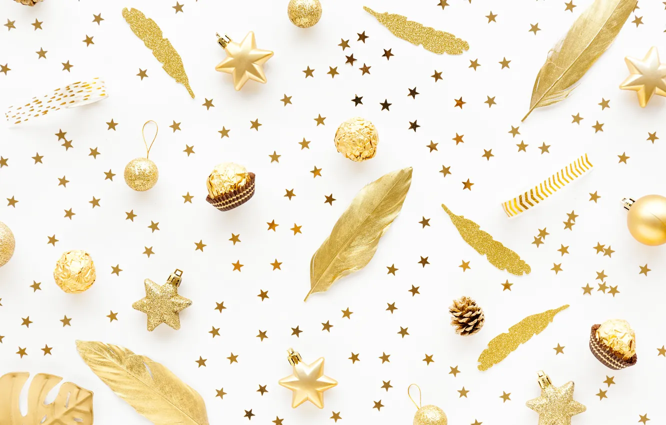 Photo wallpaper white, balls, background, gold, holiday, new year, Christmas, candy