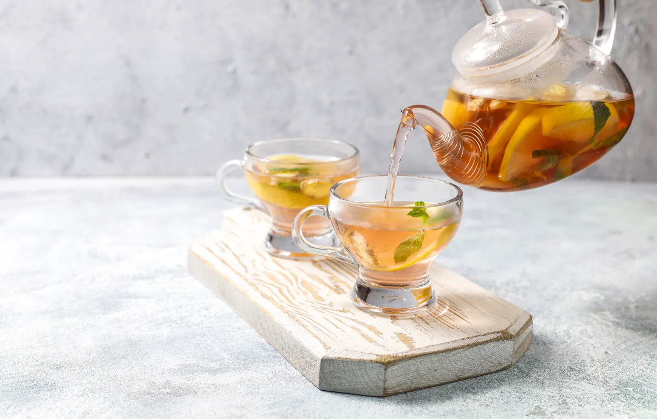 Photo wallpaper glass, lemon, tea, Cup