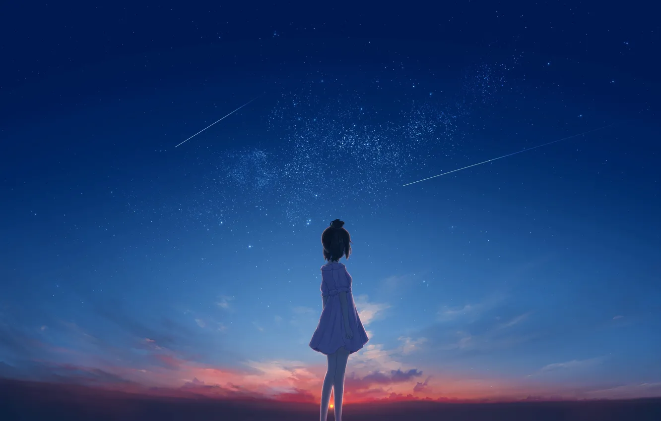 Photo wallpaper sunset, girl, shooting stars