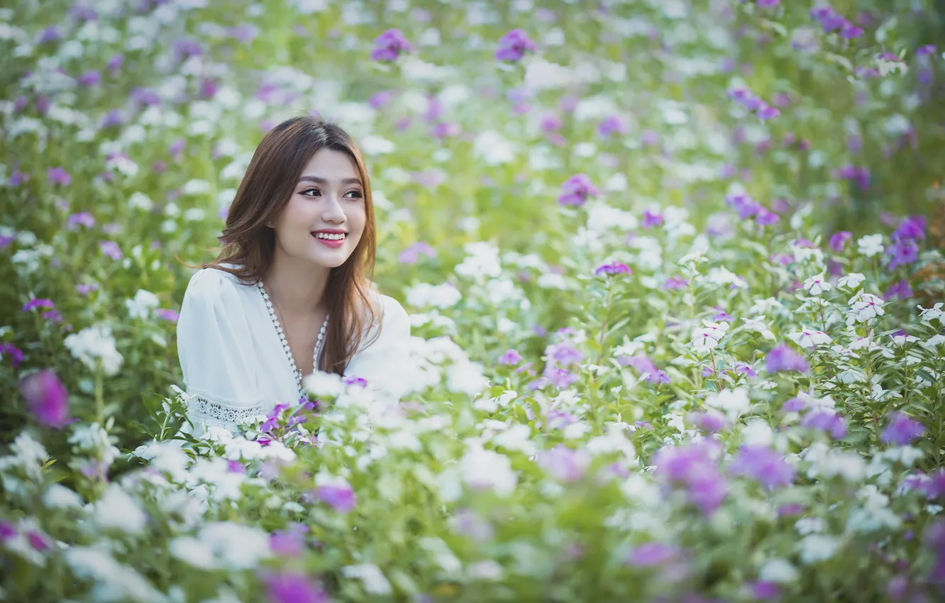 Photo wallpaper field, summer, girl, flowers, nature, face, smile, Park