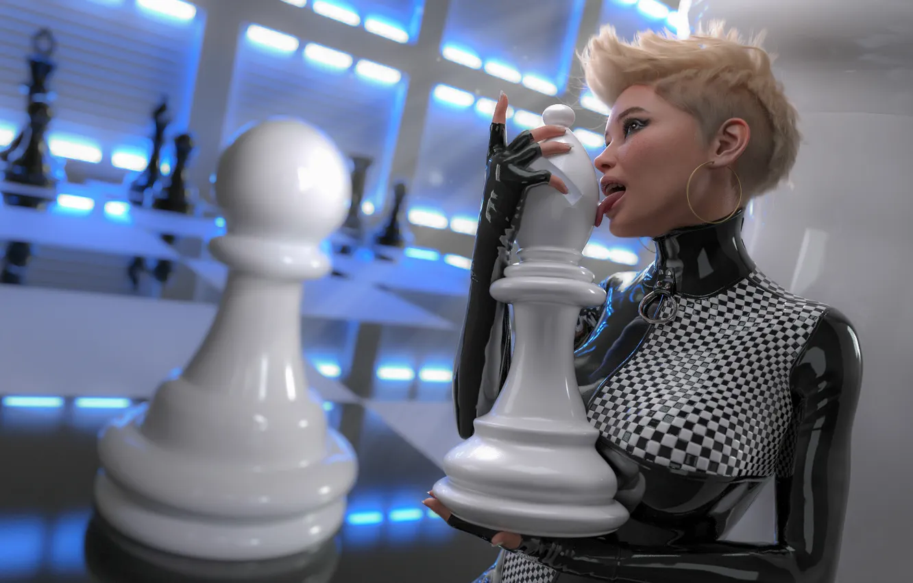 Photo wallpaper girl, chess, window, blonde