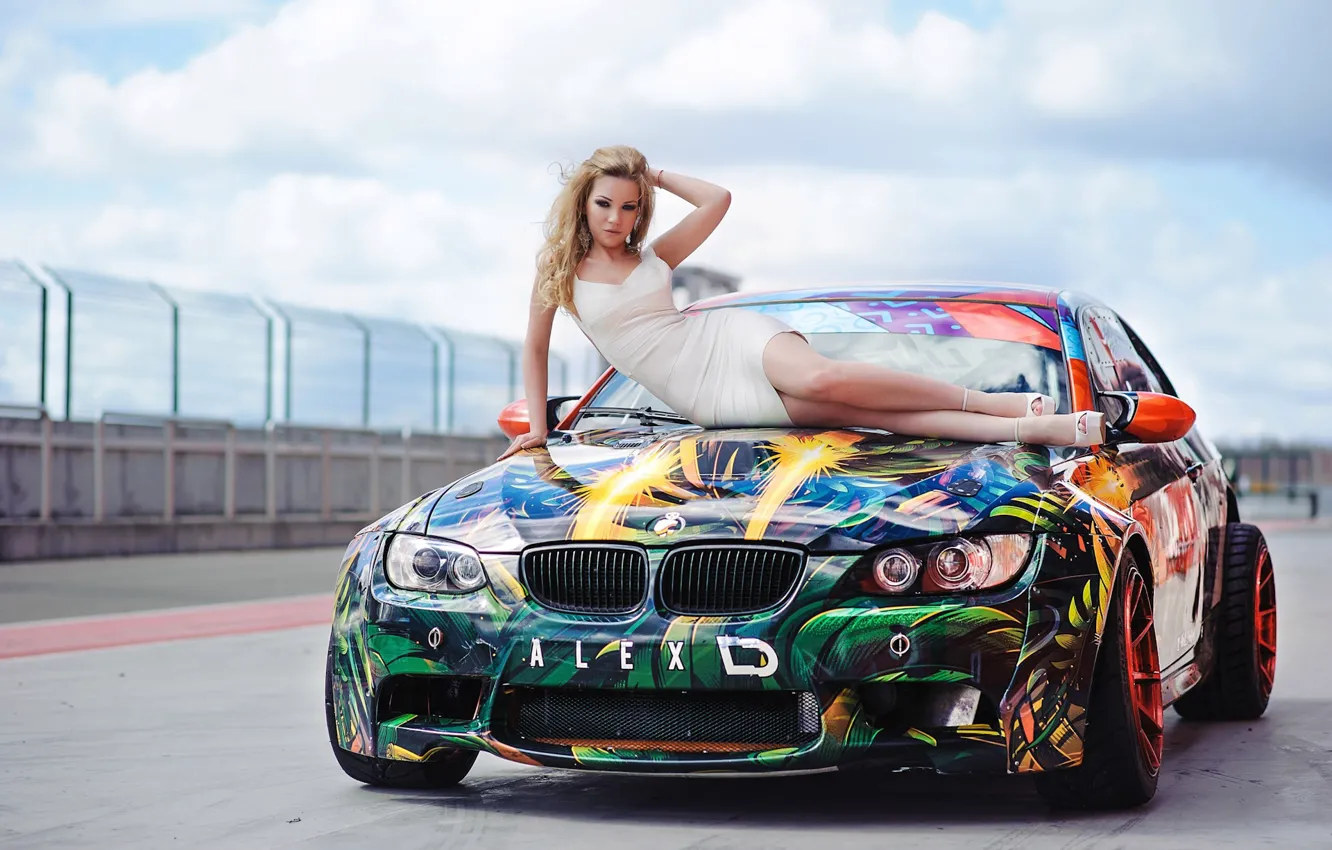 Photo wallpaper auto, look, Girls, BMW, beautiful girl, posing on the hood