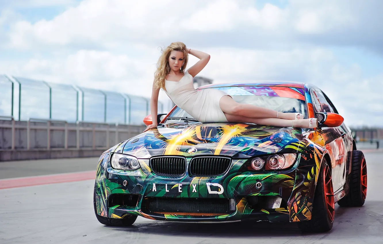 Photo wallpaper auto, look, girl, BMW, beautiful girl, posing on the hood