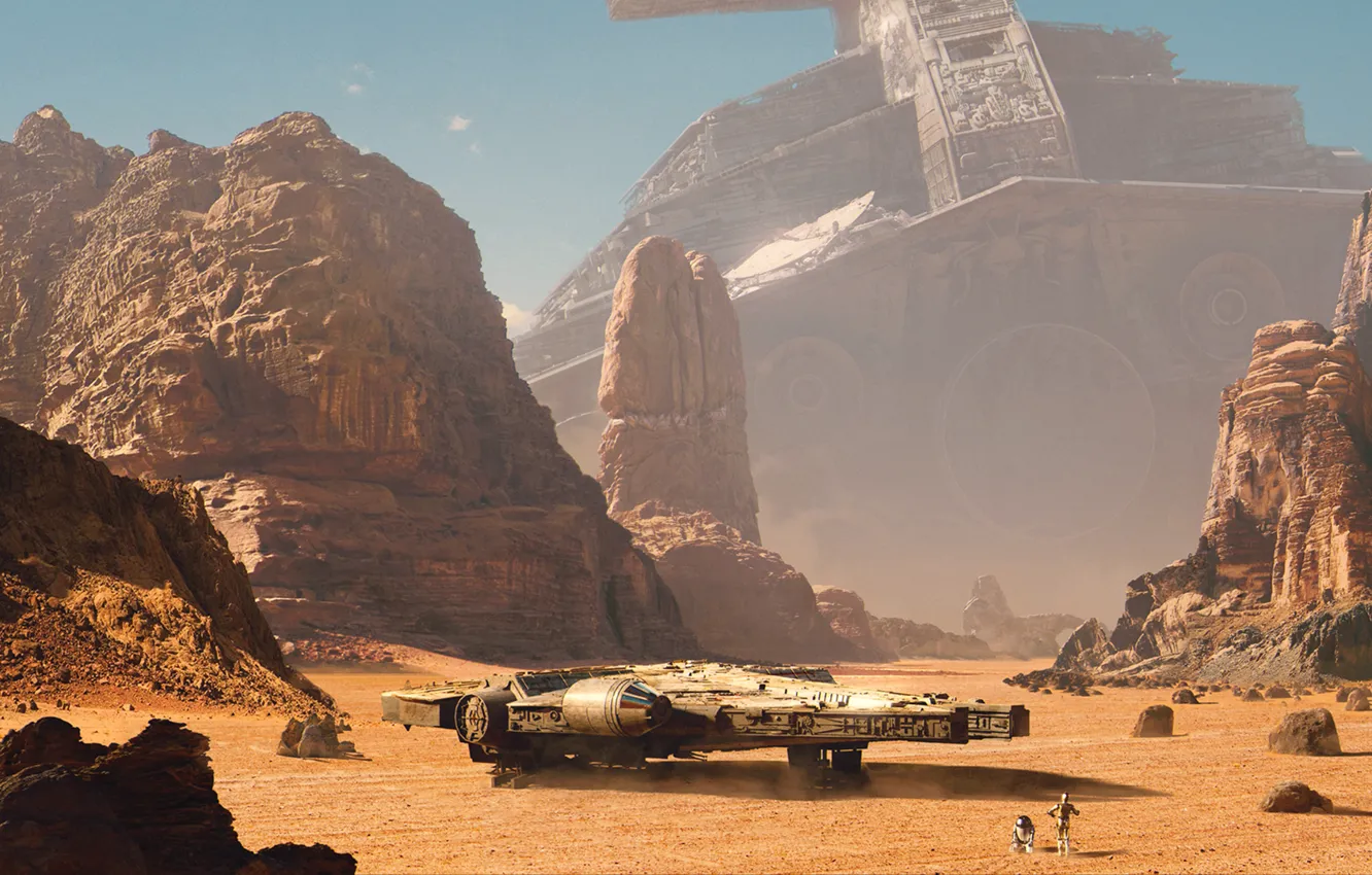 Photo wallpaper mountains, rocks, desert, robot, star wars, Star Destroyer, spaceship, cruiser