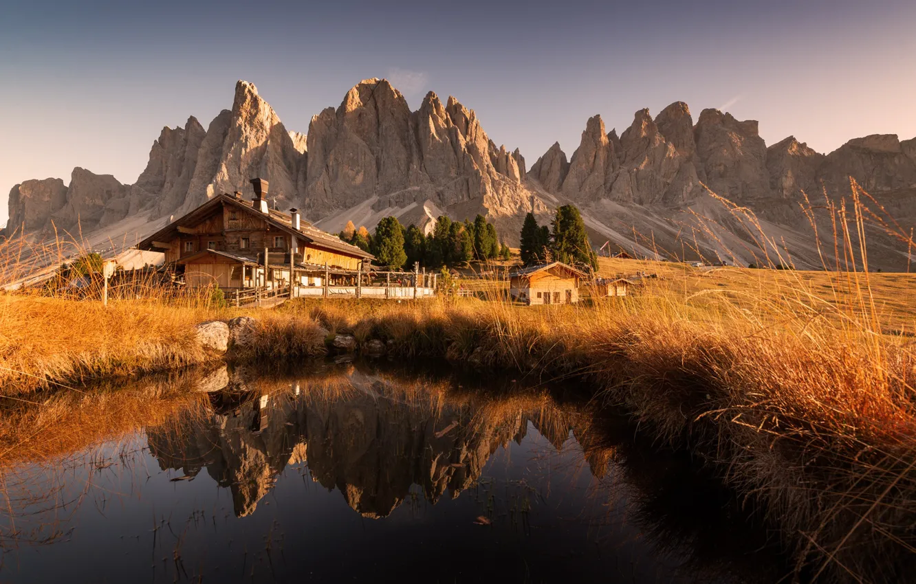 Photo wallpaper autumn, grass, water, landscape, mountains, nature, home, Italy