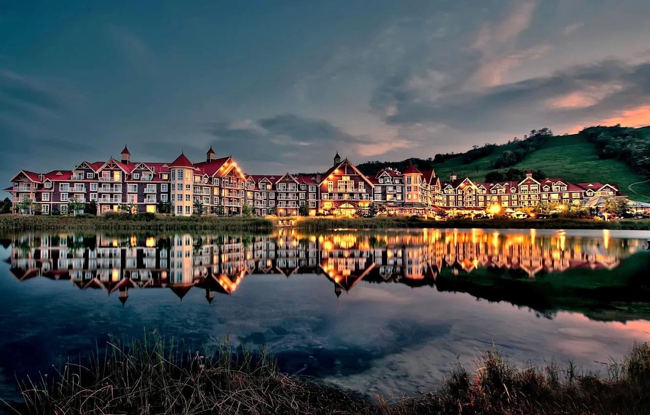 Photo wallpaper mountains, lights, lake, reflection, home, the evening, slope, twilight