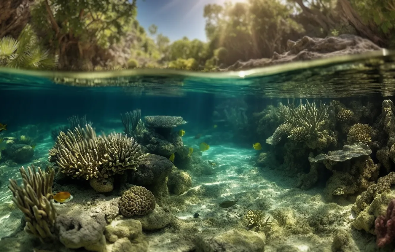 Photo wallpaper summer, water, light, nature, glare, stones, shore, vegetation