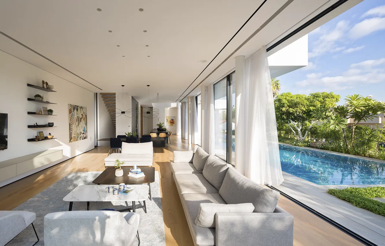 Photo wallpaper interior, pool, terrace, living room, dining room, Israel, Israel, by Shachar Rozenfeld Architects