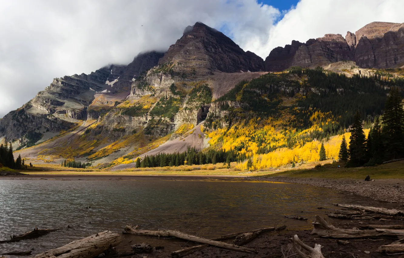 Photo wallpaper autumn, forest, clouds, mountains, shore, tops, pond