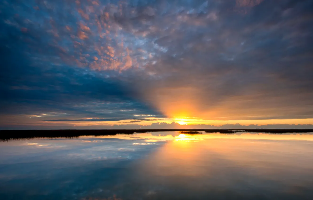 Photo wallpaper sea, the sky, clouds, sunset, horizon