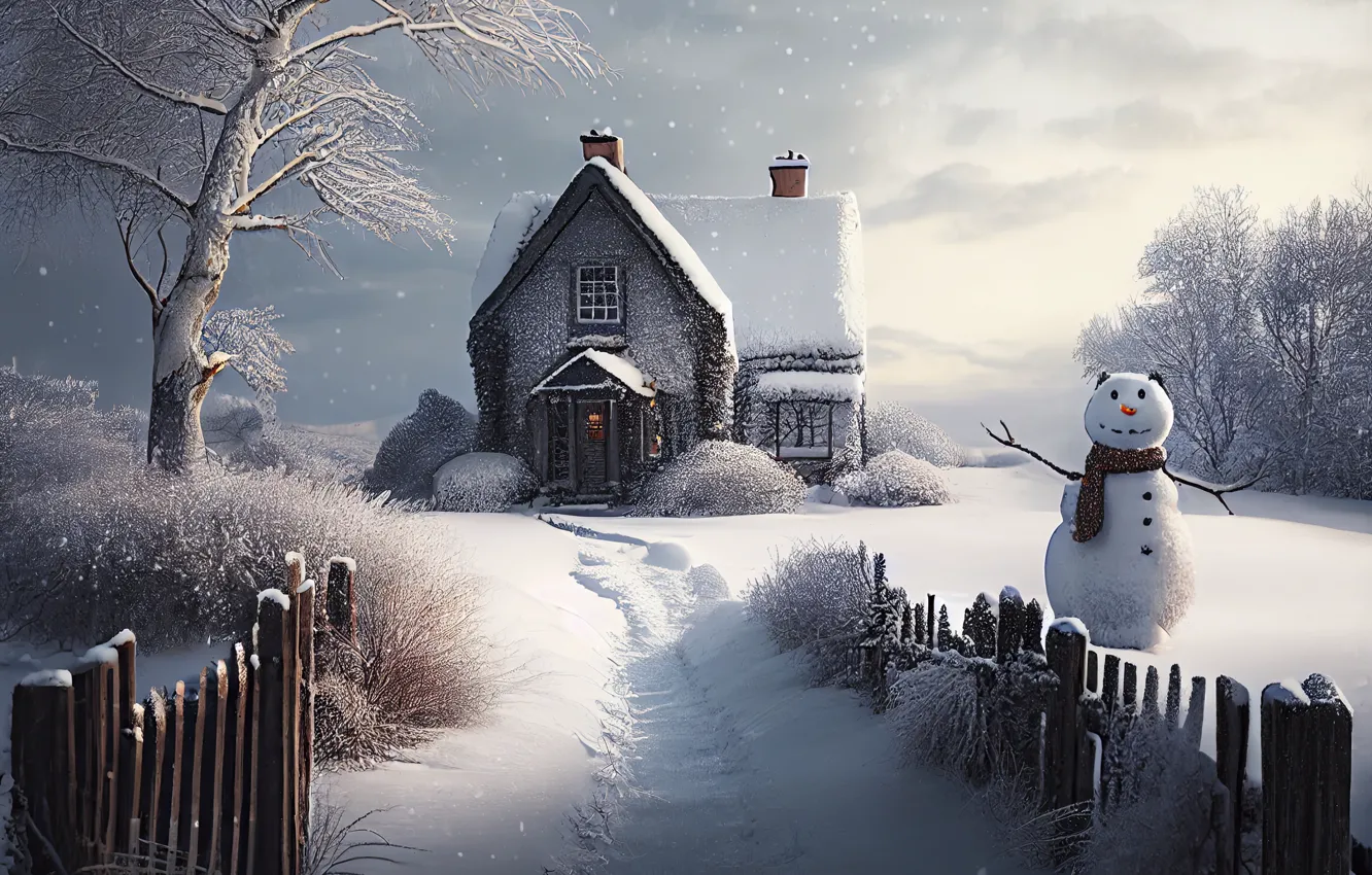 Photo wallpaper winter, snow, new year, hut, home, Christmas, house, snowman