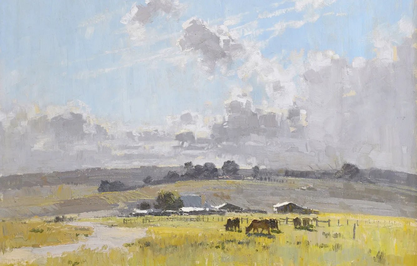 Photo wallpaper picture, 1921, Penleigh Boyd, Penley Boyd, Landscape with cattle and farm