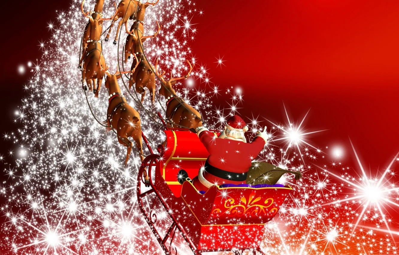 Photo wallpaper sleigh, deer, bag, Santa, the flickering