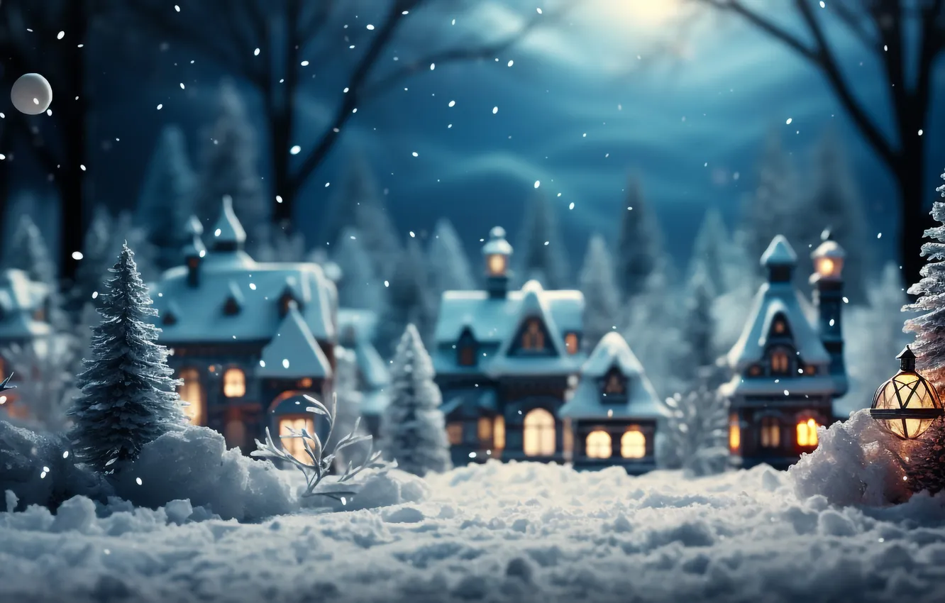 Photo wallpaper snow, decoration, night, balls, new year, Christmas, Christmas, balls