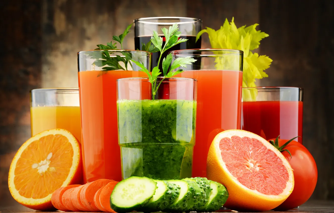 Photo wallpaper greens, glass, orange, juice, tomatoes, carrots, cucumbers, grapefruit