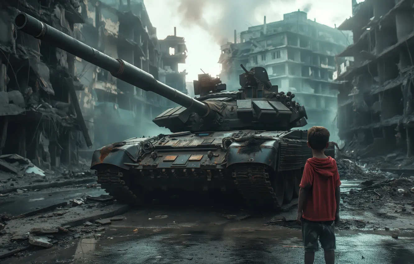 Photo wallpaper Home, Boy, Building, Tank, Digital art, Devastation, AI art, The Art of Artificial Intelligence