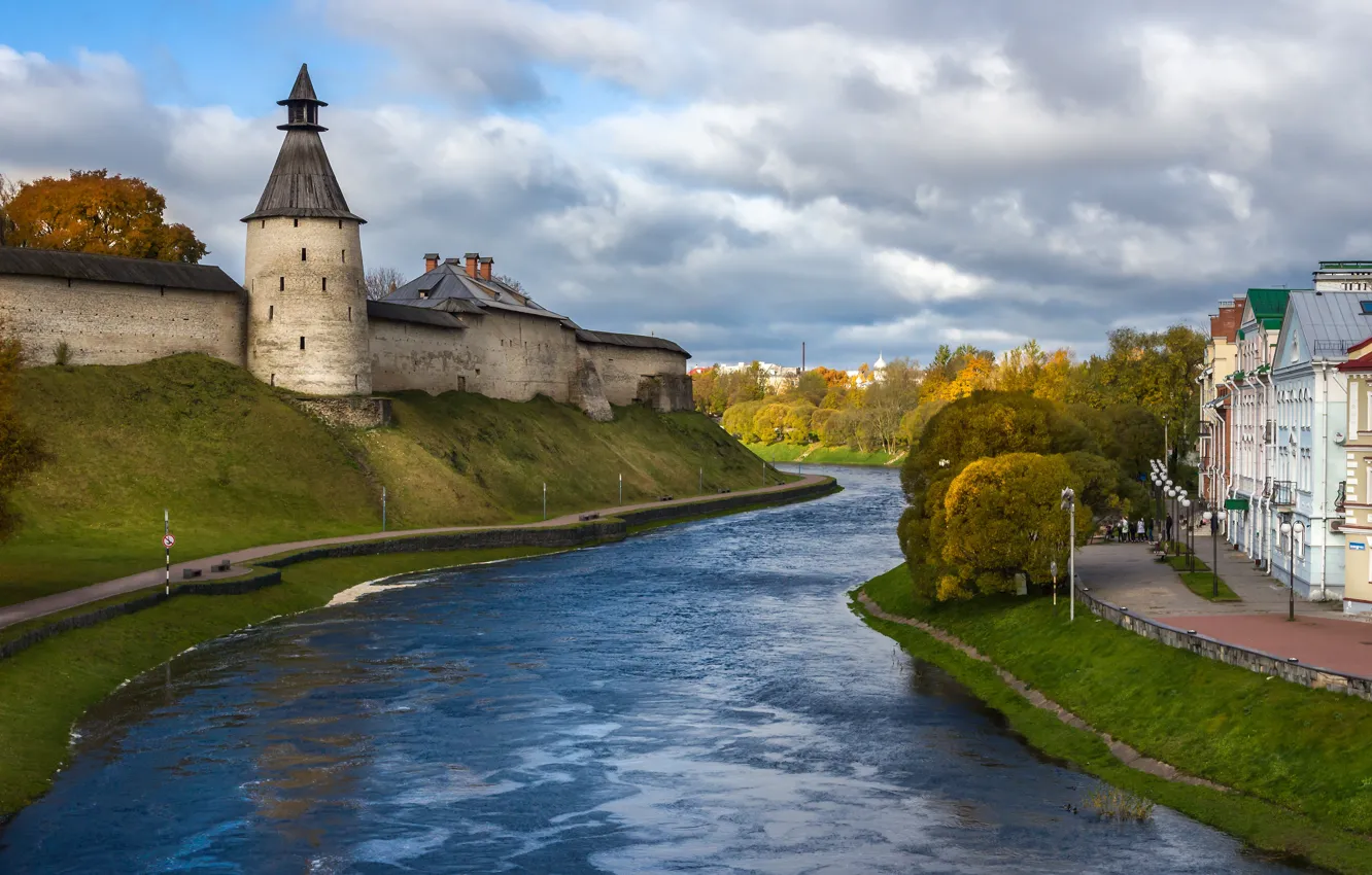 Photo wallpaper road, autumn, the sky, clouds, trees, old, river, castle
