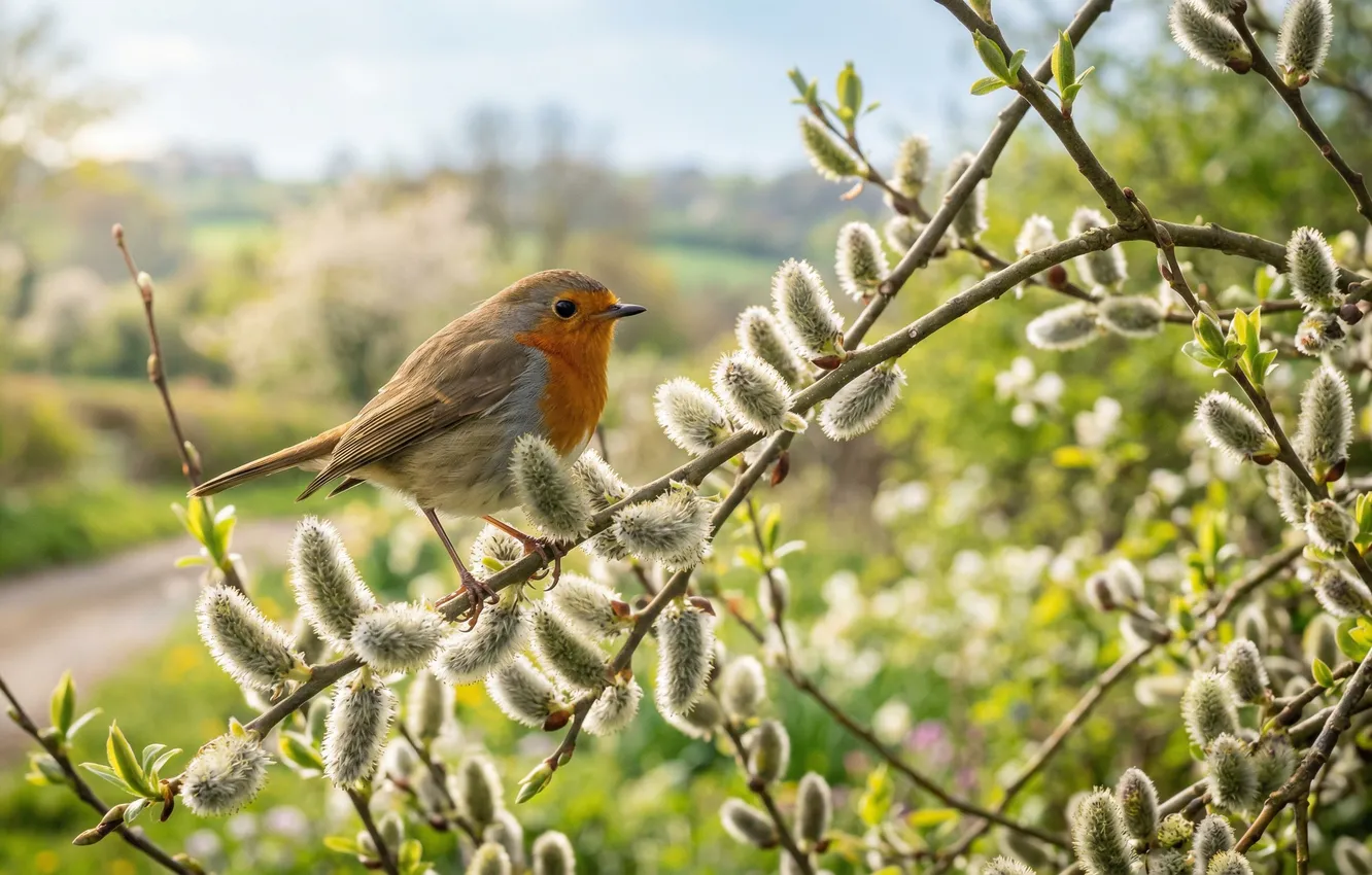 Photo wallpaper spring, art, Verba, bokeh, Robin