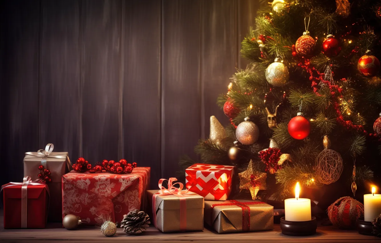 Photo wallpaper winter, decoration, room, gift, balls, tree, new year, interior