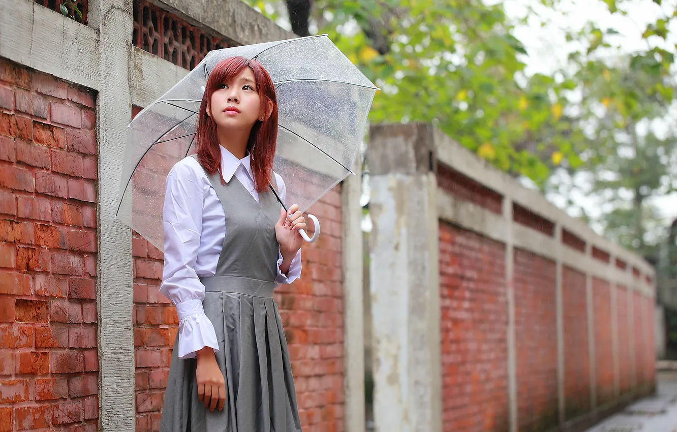 Photo wallpaper face, umbrella, rain, Asian