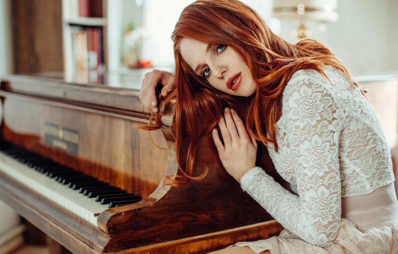 Photo wallpaper eyes, girl, face, hair, lips, red, piano