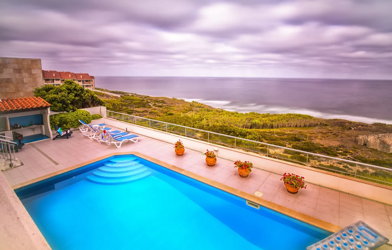 Photo wallpaper sea, landscape, flowers, pool, pool, sunbeds, wasonce.
