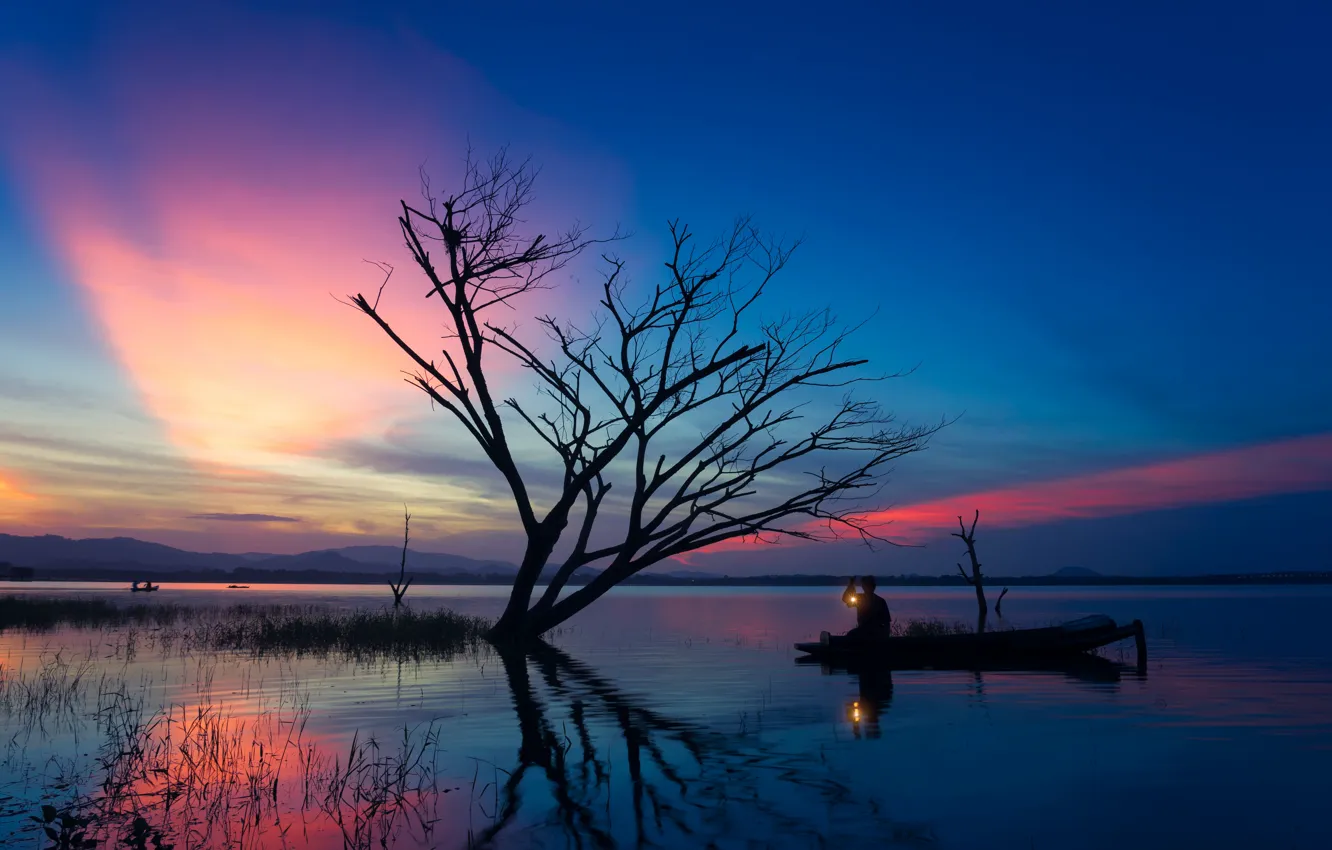 Photo wallpaper water, trees, sunset, reflection, boat, Asia, fishing, fisherman
