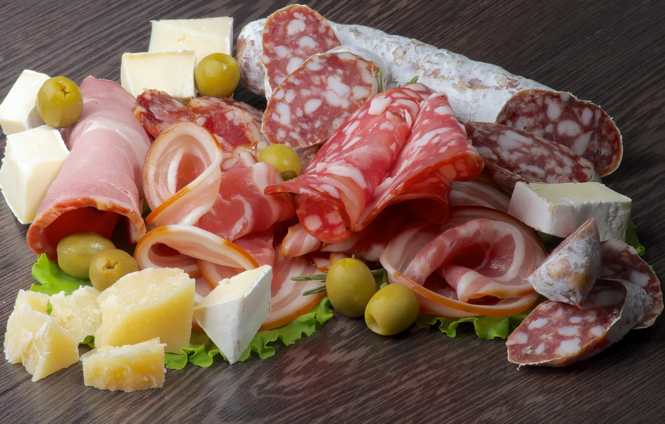 Photo wallpaper greens, cheese, olives, sausage, bacon, cuts