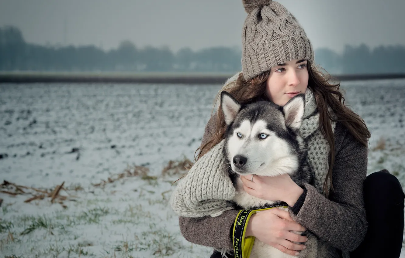 Photo wallpaper winter, field, girl, mood, hat, dog, scarf, friendship