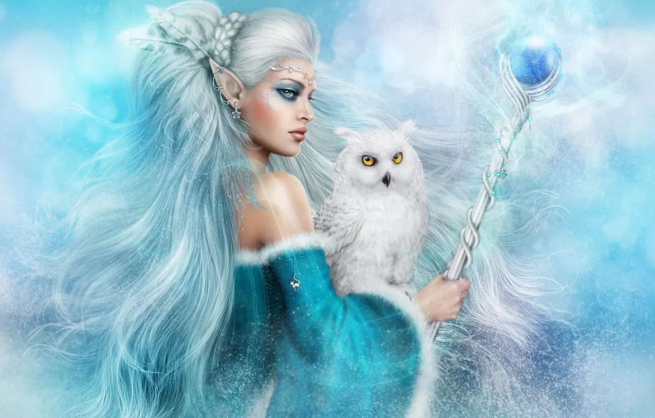 Photo wallpaper winter, girl, owl, hair, fantasy, staff, Volshebnitsa