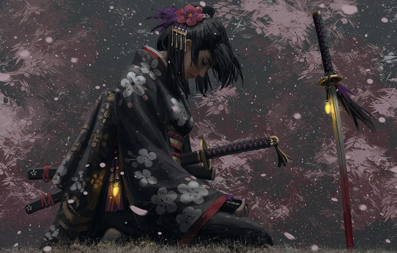 Photo wallpaper girl, sword, lights, kimono, prayer, cherry blossoms, sitting, fantasy art