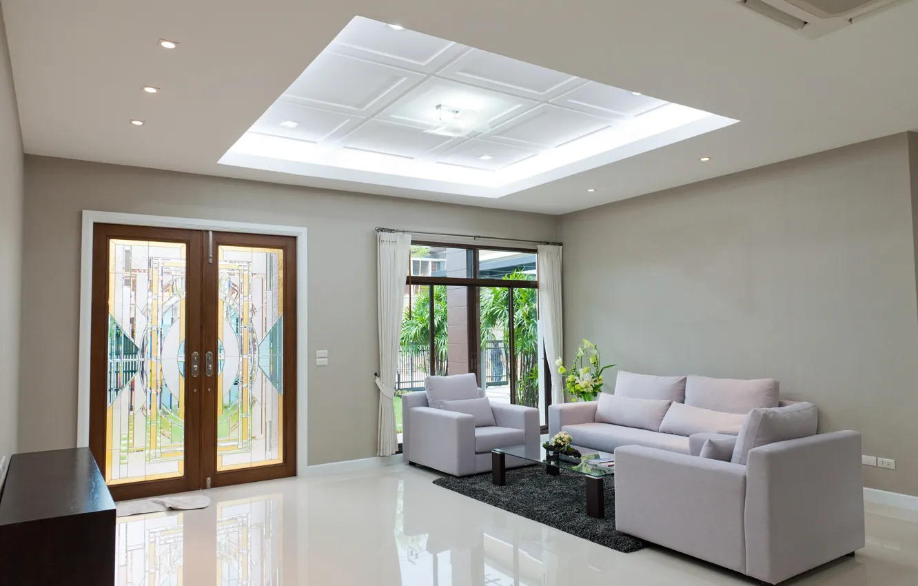 Photo wallpaper window, living room, lighting, glass door