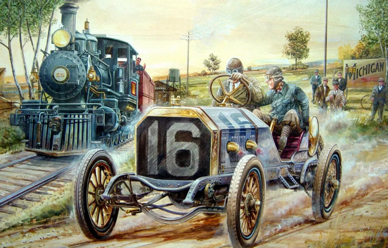 Photo wallpaper machine, retro, danger, race, people, train, the ourselves