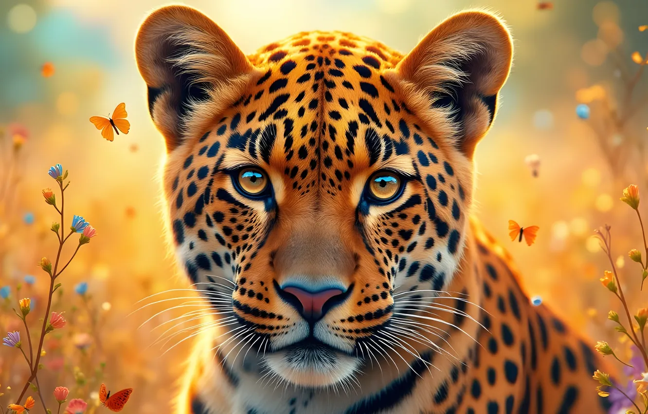 Photo wallpaper look, face, light, nature, butterfly, portrait, leopard, Jaguar