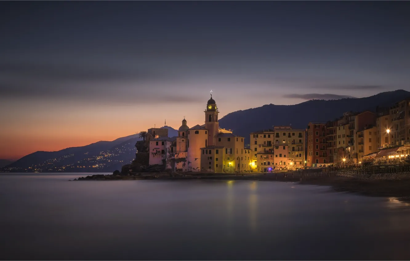 Photo wallpaper lights, coast, the evening, Italy, Liguria, Liguria, Camogli