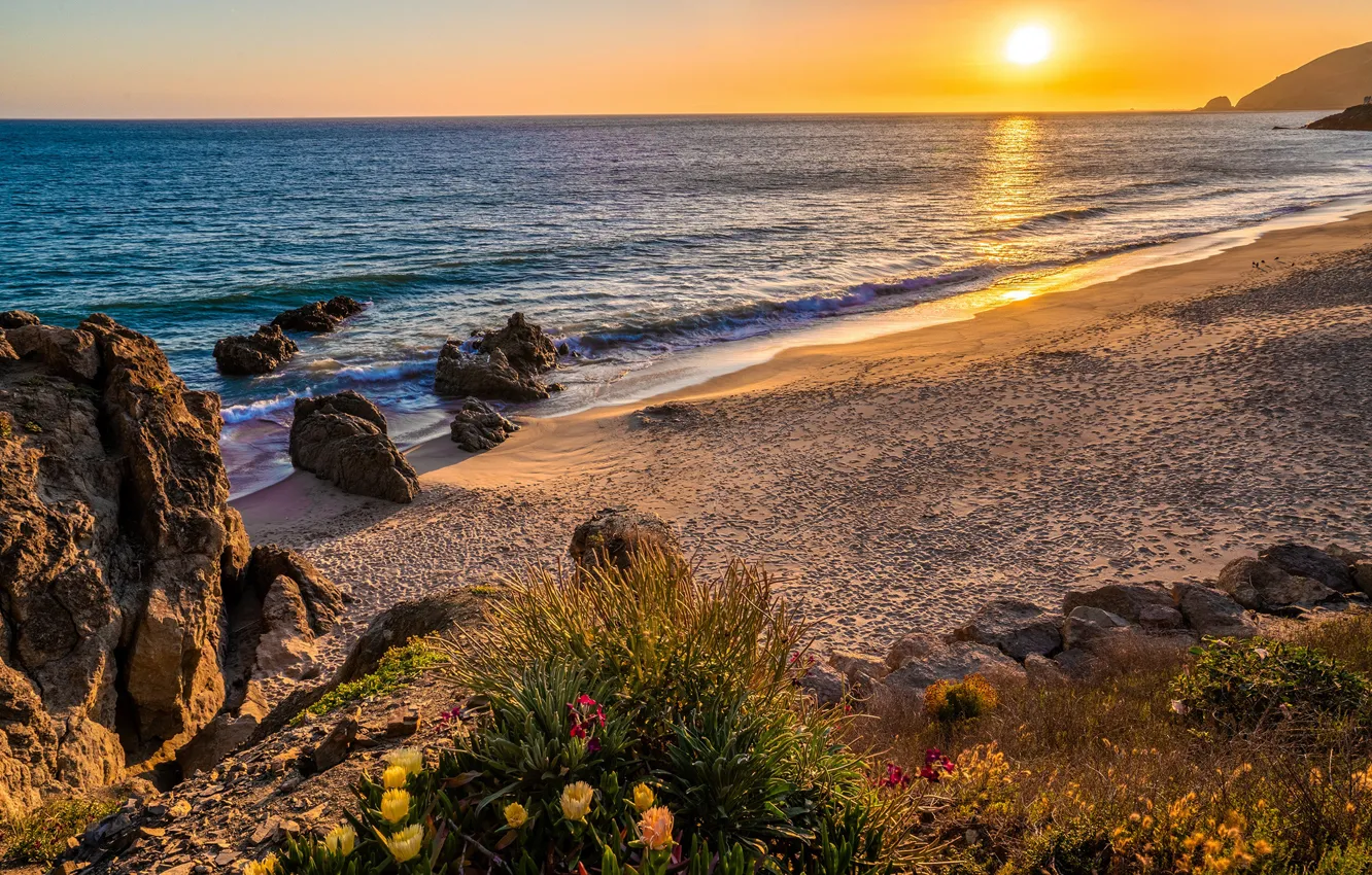 Photo wallpaper sand, sea, sunset, shore, CA, Malibu