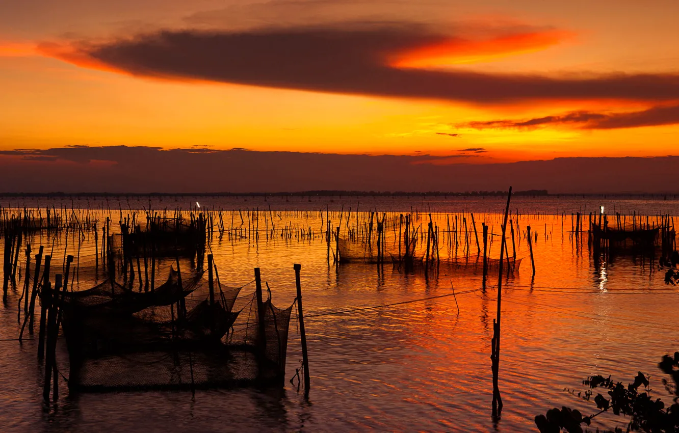 Photo wallpaper sea, the sky, clouds, sunset, network