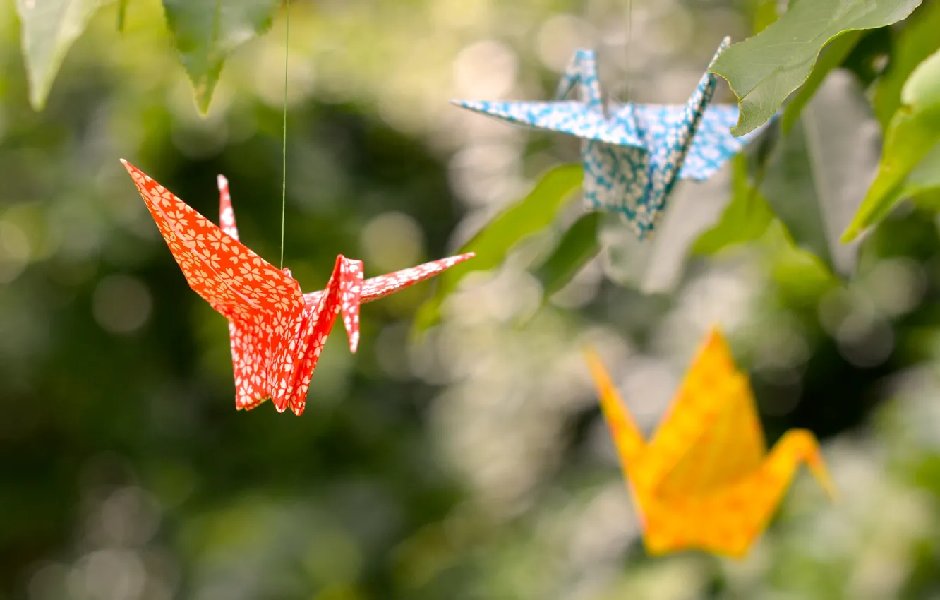 Photo wallpaper leaves, origami, bokeh, cranes