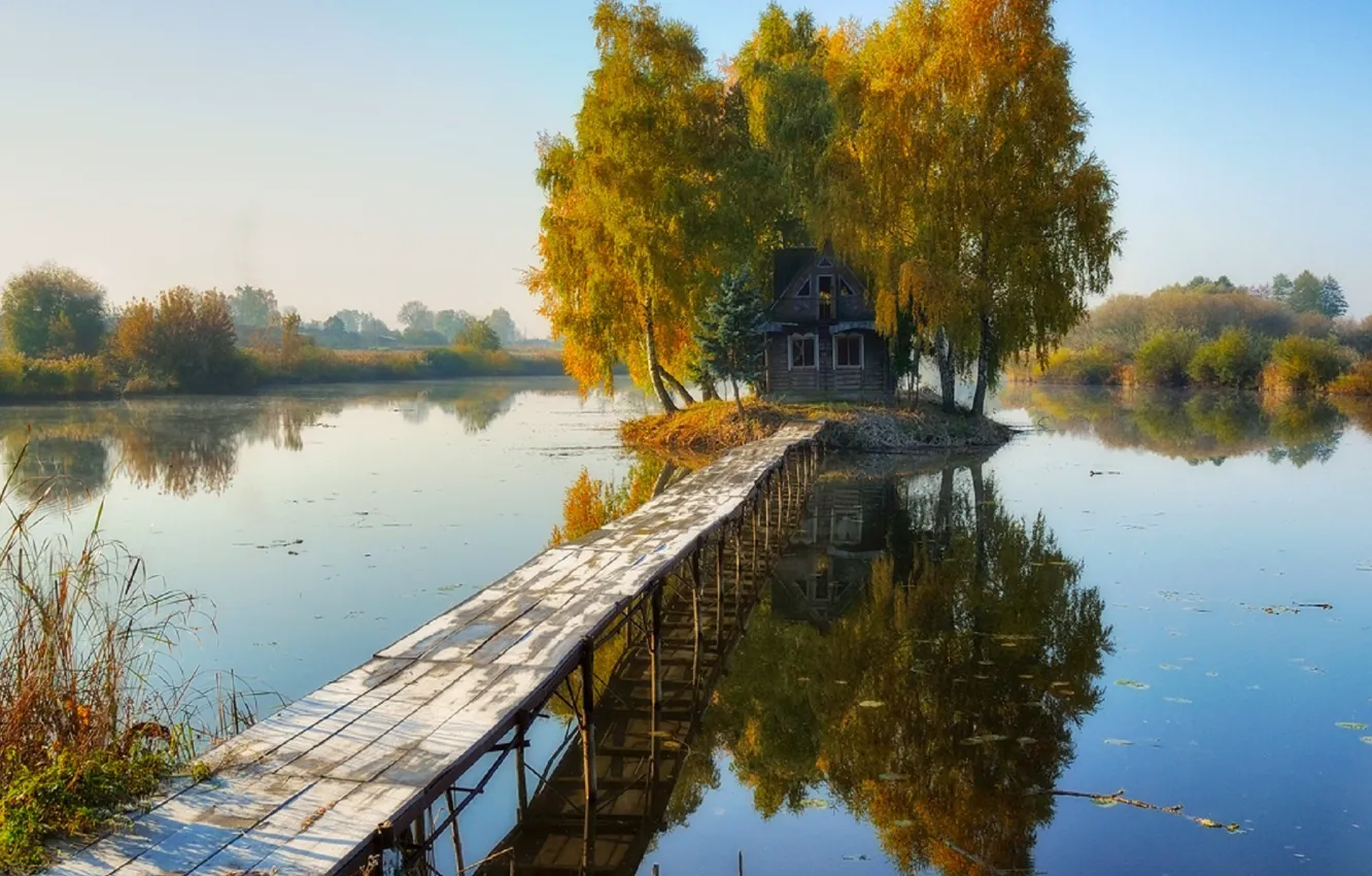 Photo wallpaper lake, bridges, the reflection in the water, wooden house