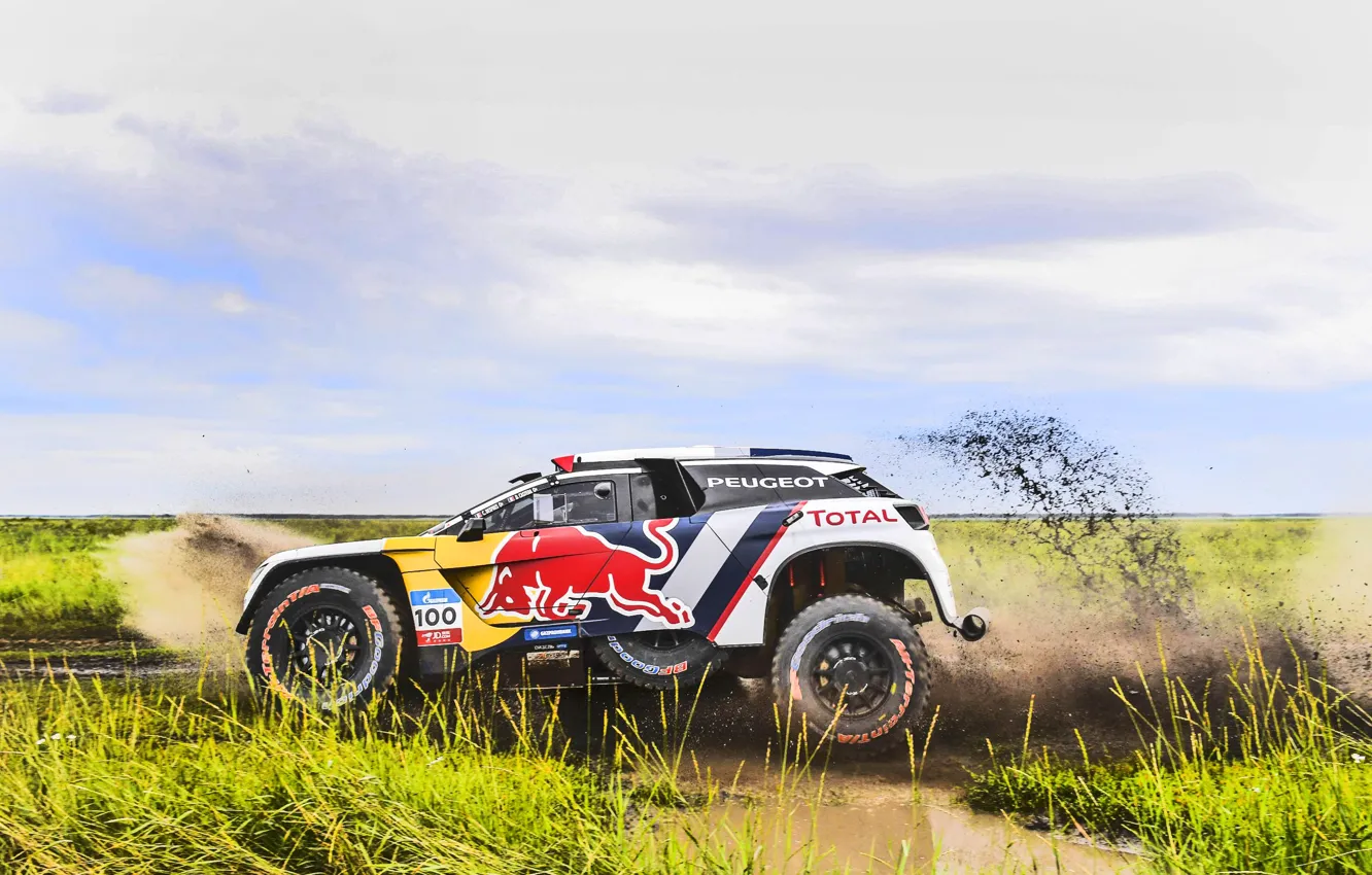 Photo wallpaper Sport, Speed, Race, Dirt, Peugeot, Lights, Red Bull, Rally