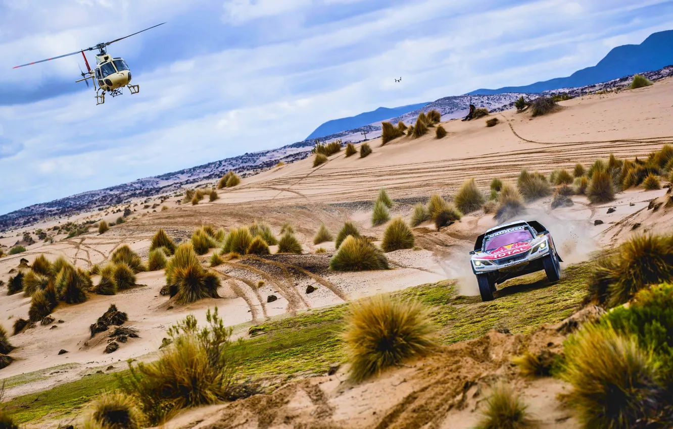 Photo wallpaper Sand, Sport, Speed, Helicopter, Race, Peugeot, Lights, Red Bull