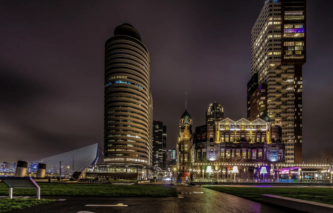 Photo wallpaper night, lights, home, Netherlands, Rotterdam