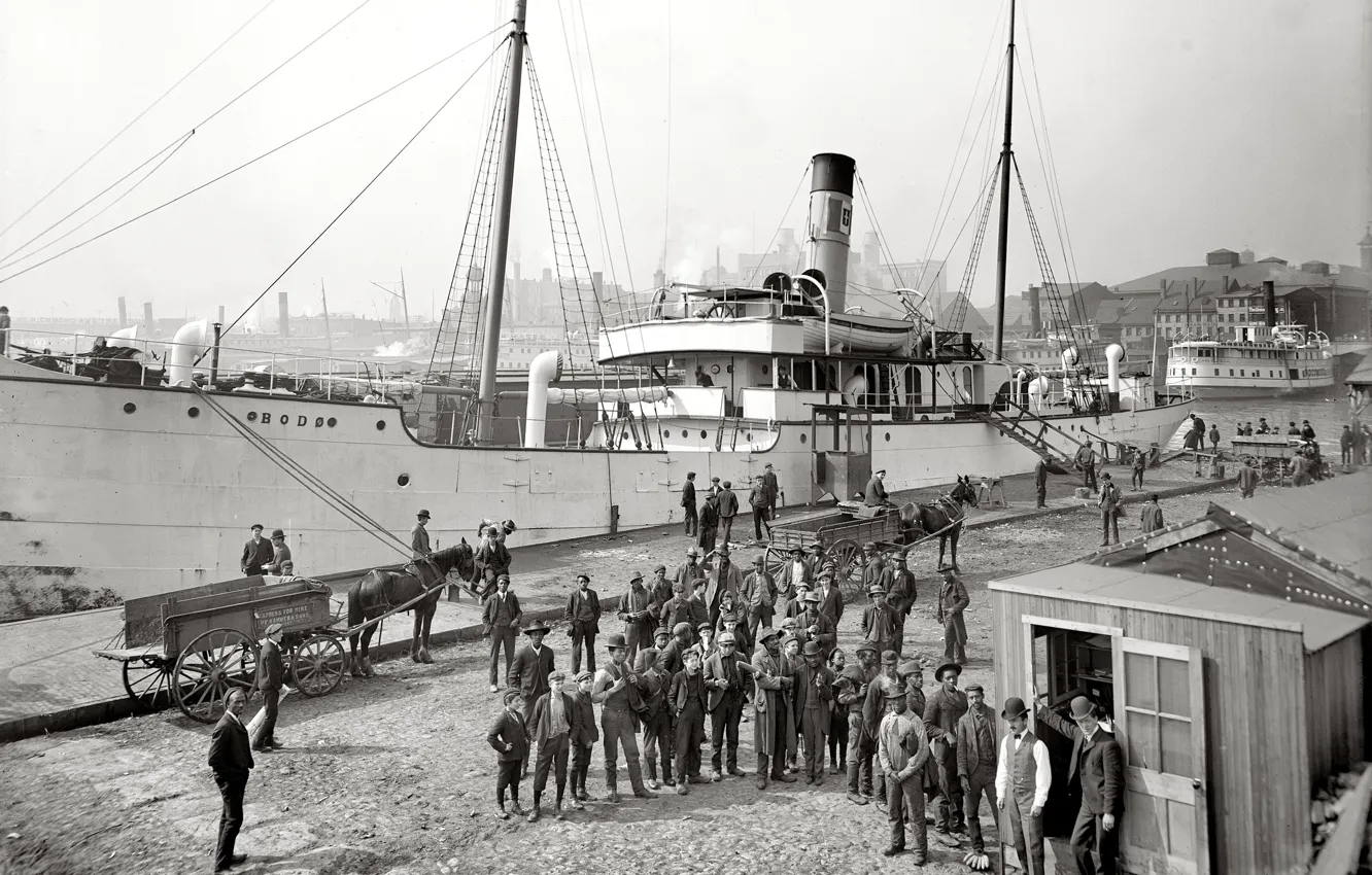 Photo wallpaper retro, ship, pier, port, steamer, USA, 1902-the year